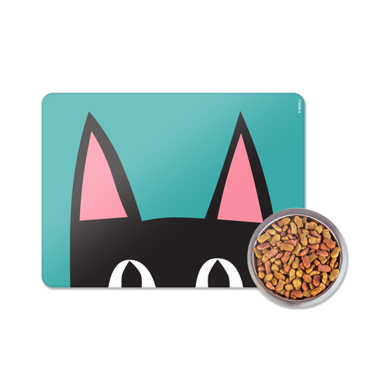 A rectangular pet mat with a minimalist black cat face design