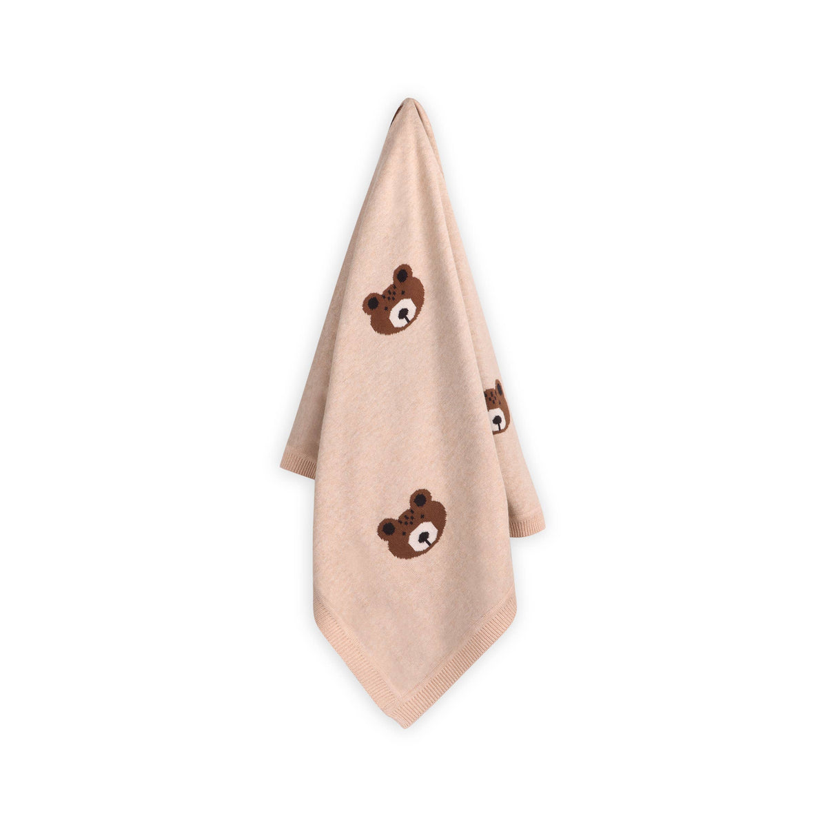 Beige blanket with brown bear faces on a white background