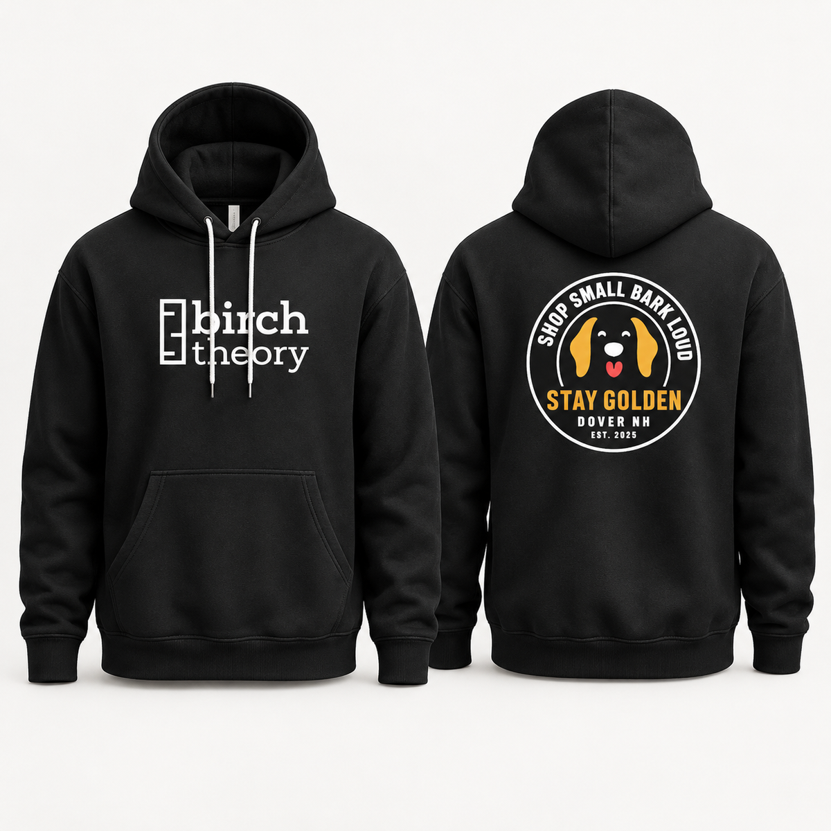 Black pullover hoodie shown from the front and back on a light gray background. The front has a white 'birch theory' logo on the chest, and the back features a circular graphic with a cartoon beagle head and the text 'SHOP SMALL BARK LODGE' and 'STAY GOLDEN DOVER NH EST 2019'.
