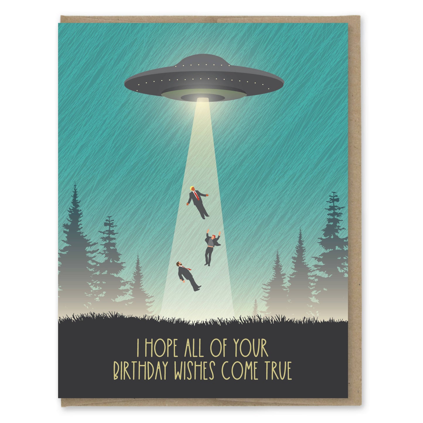 Birthday card with a UFO and people being abducted in a forest setting.