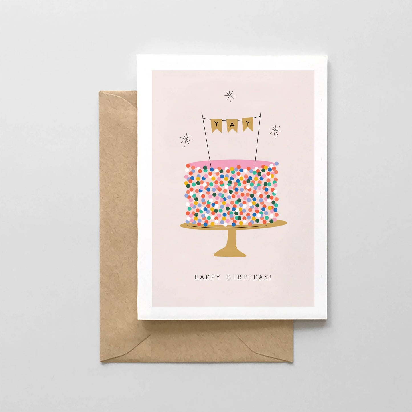 Birthday card with a colorful cake illustration and 'Happy Birthday!' text