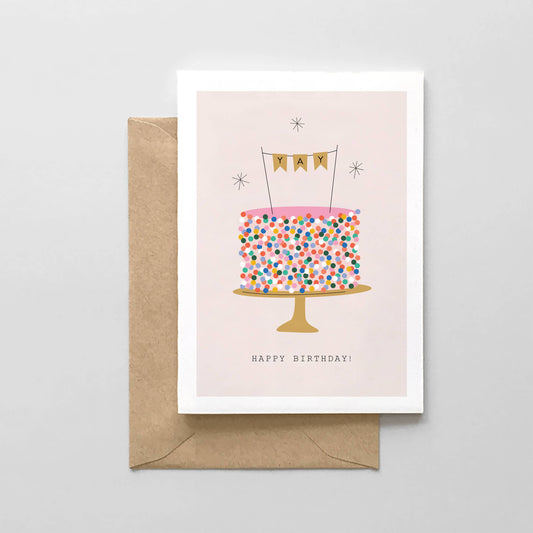 Birthday card with a colorful cake illustration and 'Happy Birthday!' text