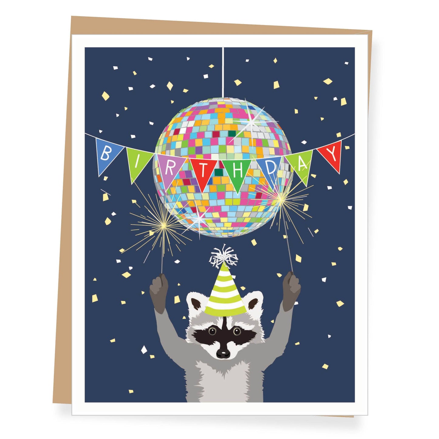 Birthday card with a raccoon holding a colorful disco ball against a dark blue background.