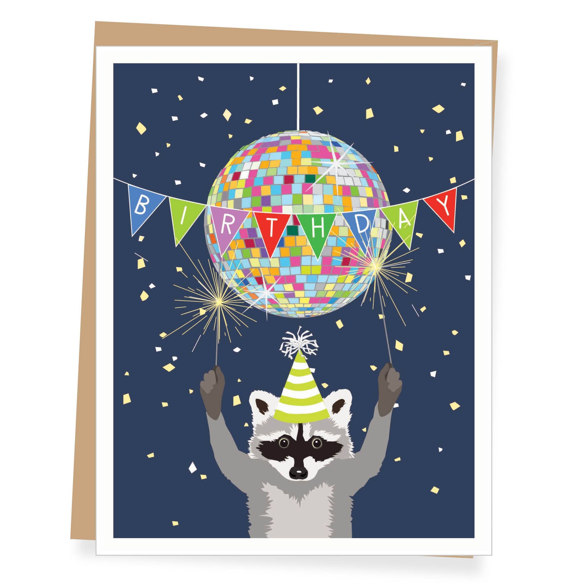 Birthday card with a raccoon holding a colorful disco ball against a dark blue background.