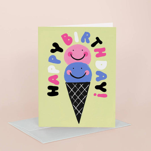 Birthday card with ice cream cone and colorful text on a light green background
