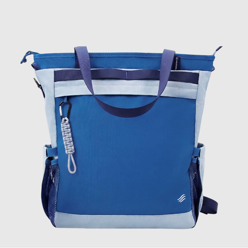 Blue and gray tote bag with a handle on a light gray background