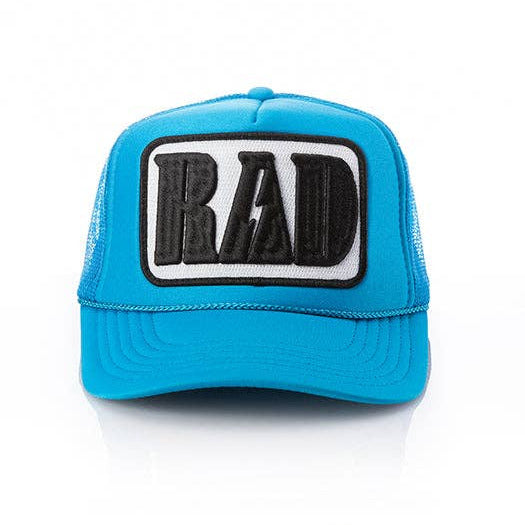 Blue trucker cap with 'RAD' patch on a white background