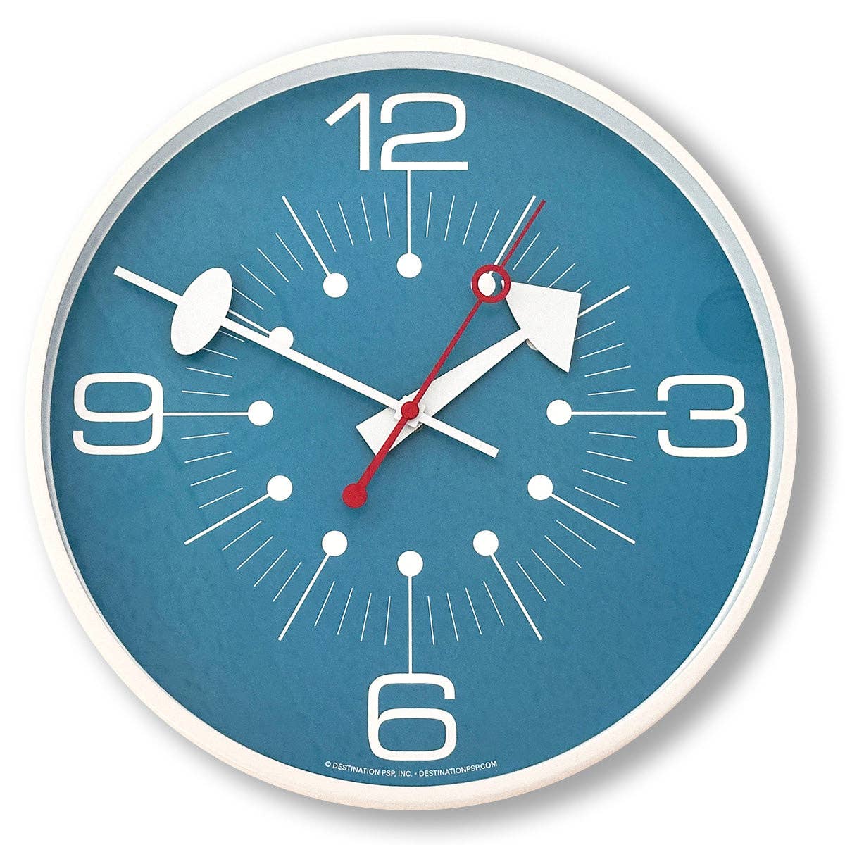 Blue wall clock with white and red accents on a white background