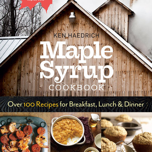 Book cover of 'Maple Syrup Cookbook' with images of food and a cabin.