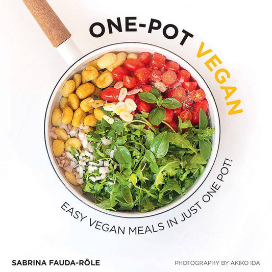 Book cover of 'One-Pot Vegan' with a colorful salad in a pot on a white background.