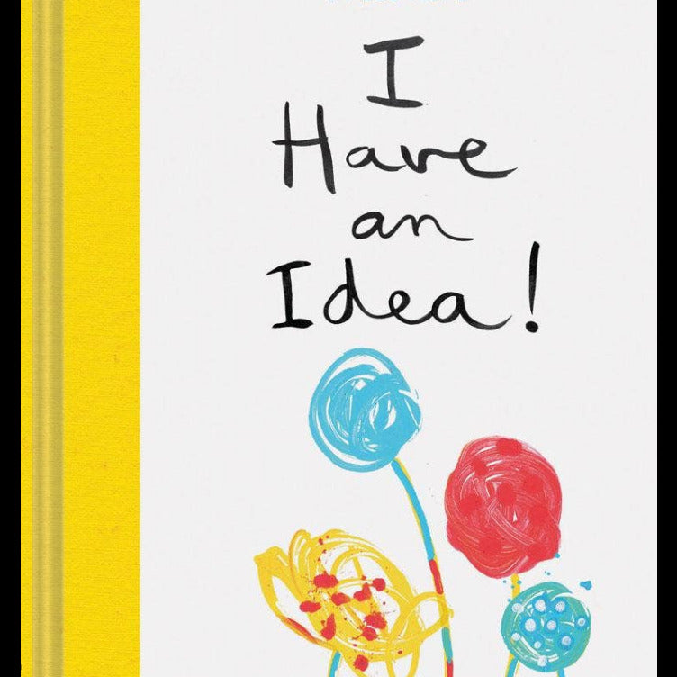 Book cover with colorful illustrations and text 'I Have an Idea!' on a white background with yellow side.