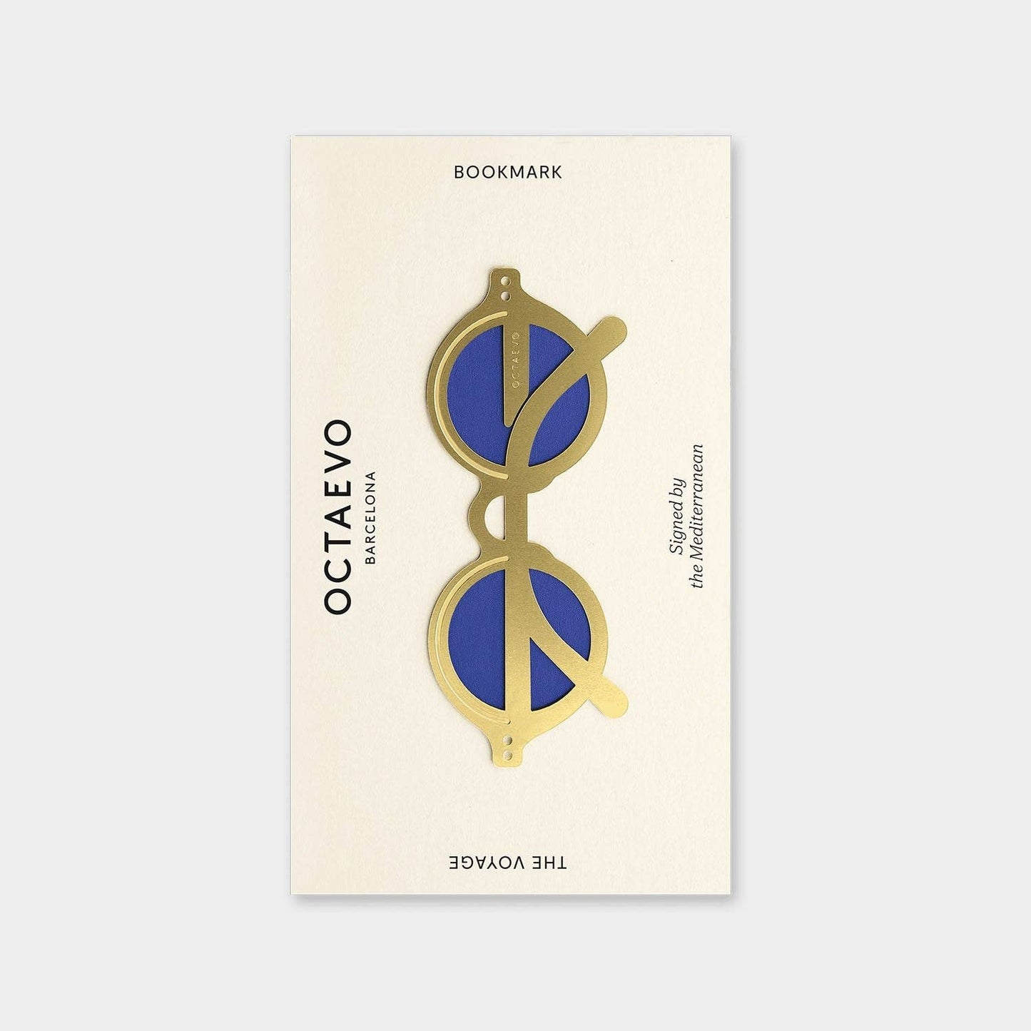 Bookmark with sunglasses design and Octaevo branding on a light gray background