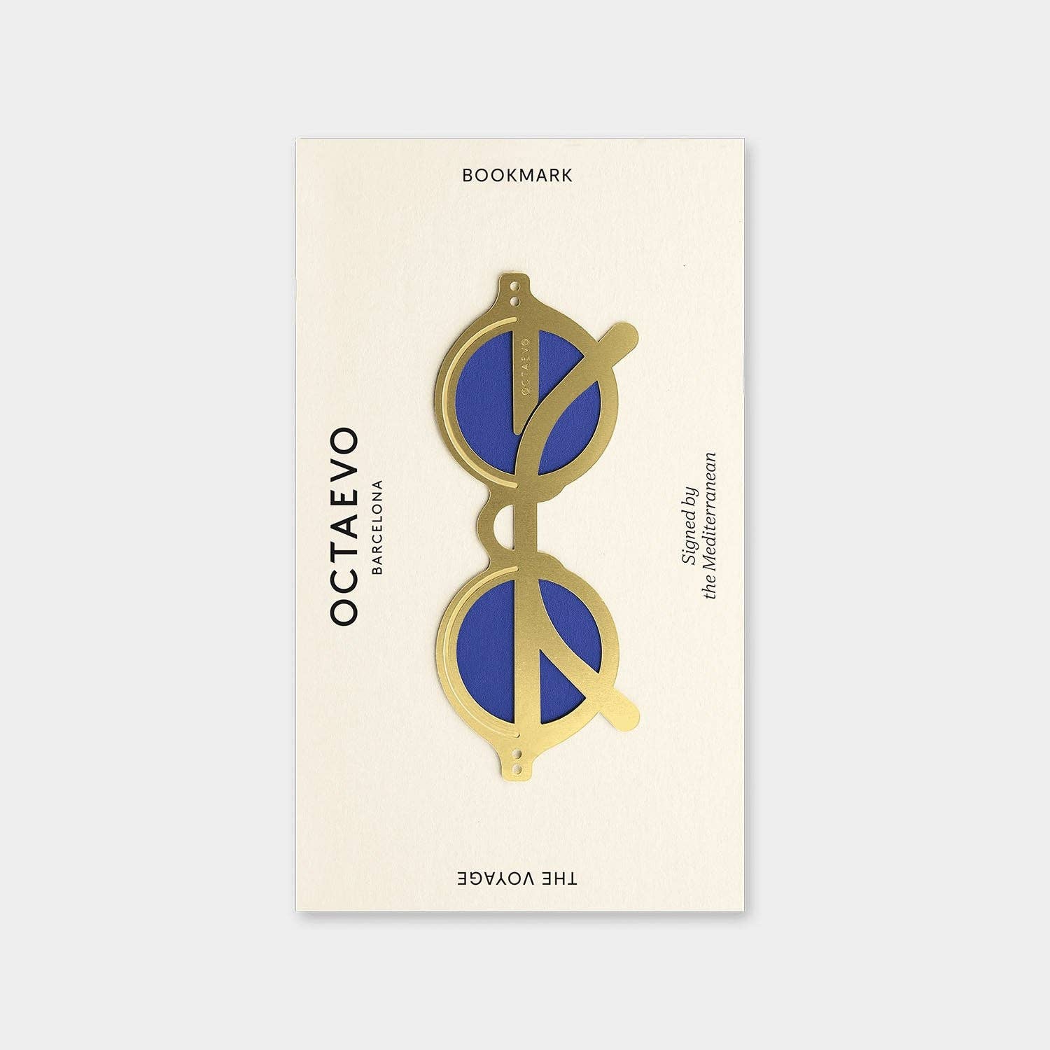 Bookmark with sunglasses design and Octaevo branding on a light gray background
