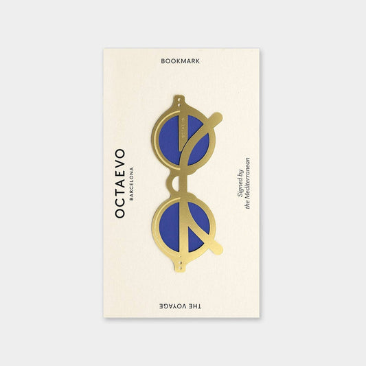 Bookmark with sunglasses design and Octaevo branding on a light gray background