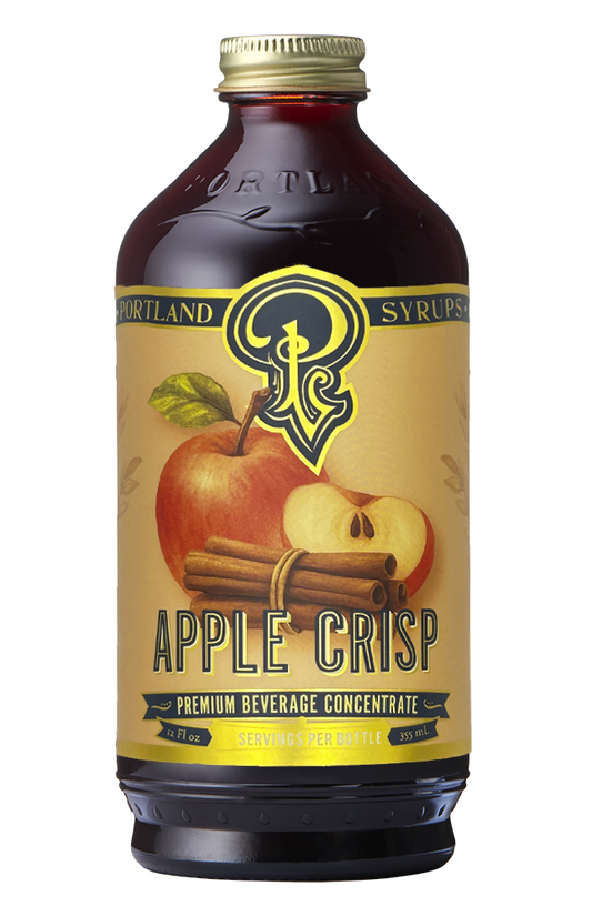 Bottle of Portland Syrup Company Apple Crisp concentrate on a white background