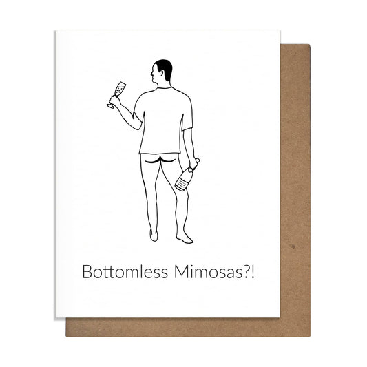 Card with a line drawing of a person holding a glass and a bottle, with text 'Bottomless Mimosas?!' on a white background with brown envelope.
