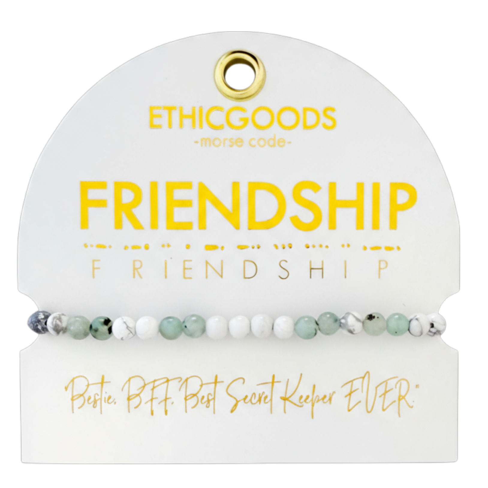 Bracelet on a 'Ethicgoods' branded card with 'Friendship' text
