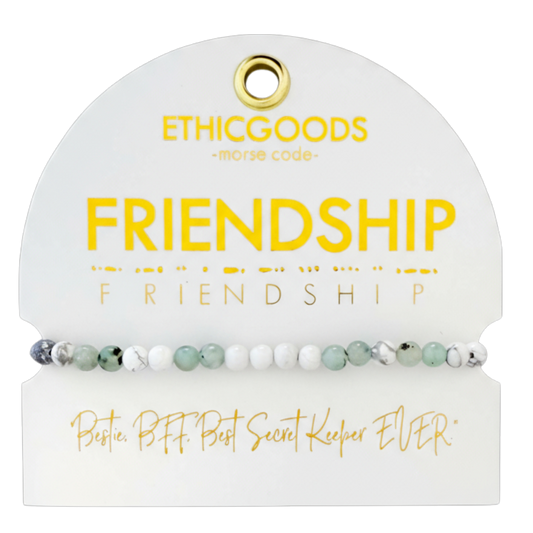 Bracelet on a 'Ethicgoods' branded card with 'Friendship' text