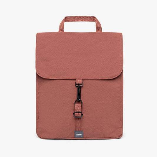 Brown backpack with a visible brand label on a white background