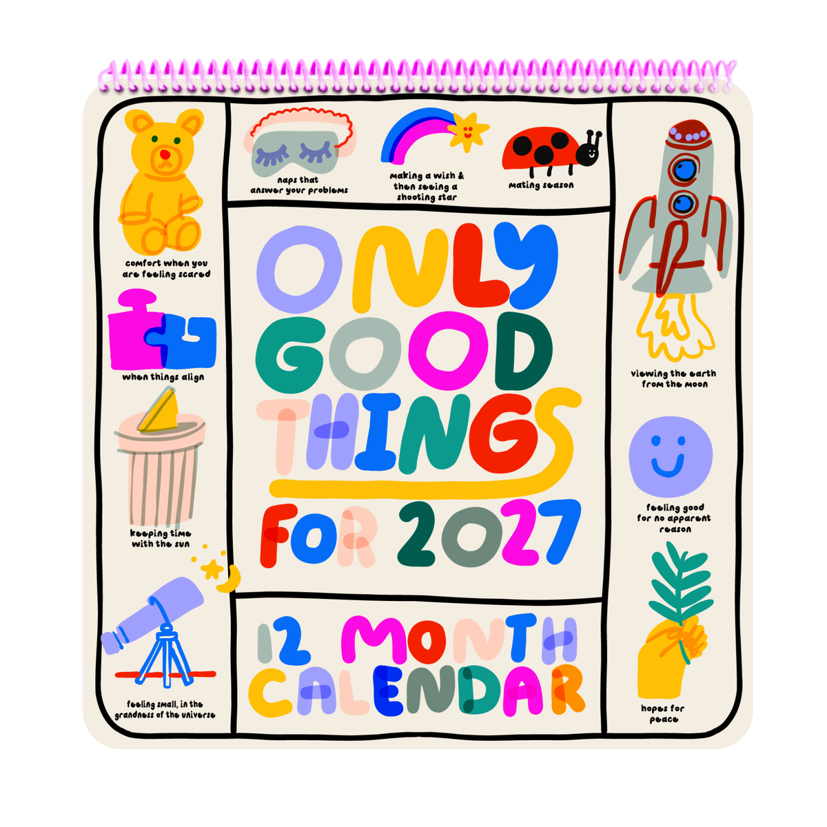 Calendar with colorful illustrations and text on a white background