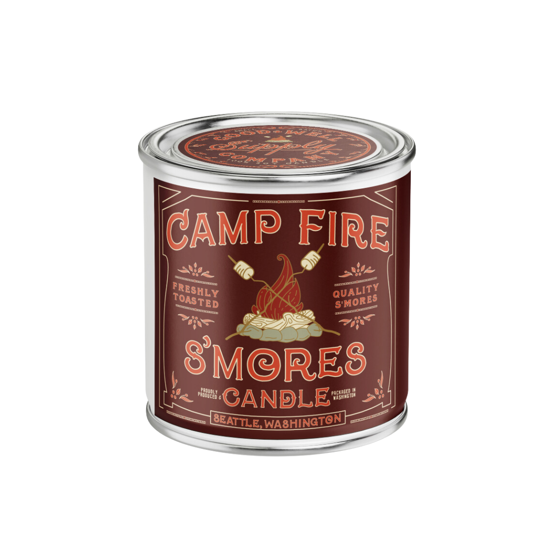 Campfire S'mores candle in a tin can with a label on a white background