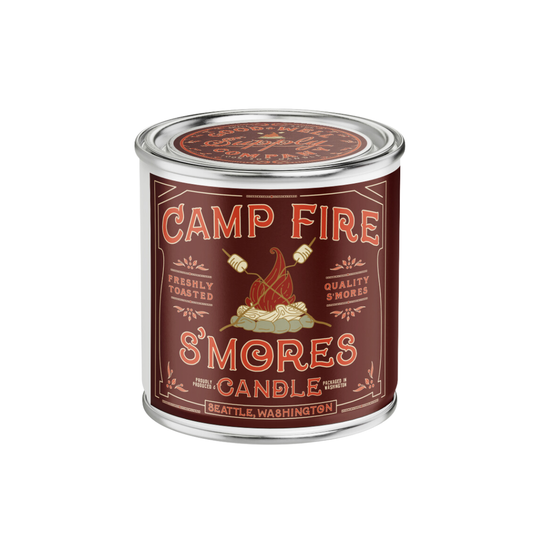 Campfire S'mores candle in a tin can with a label on a white background