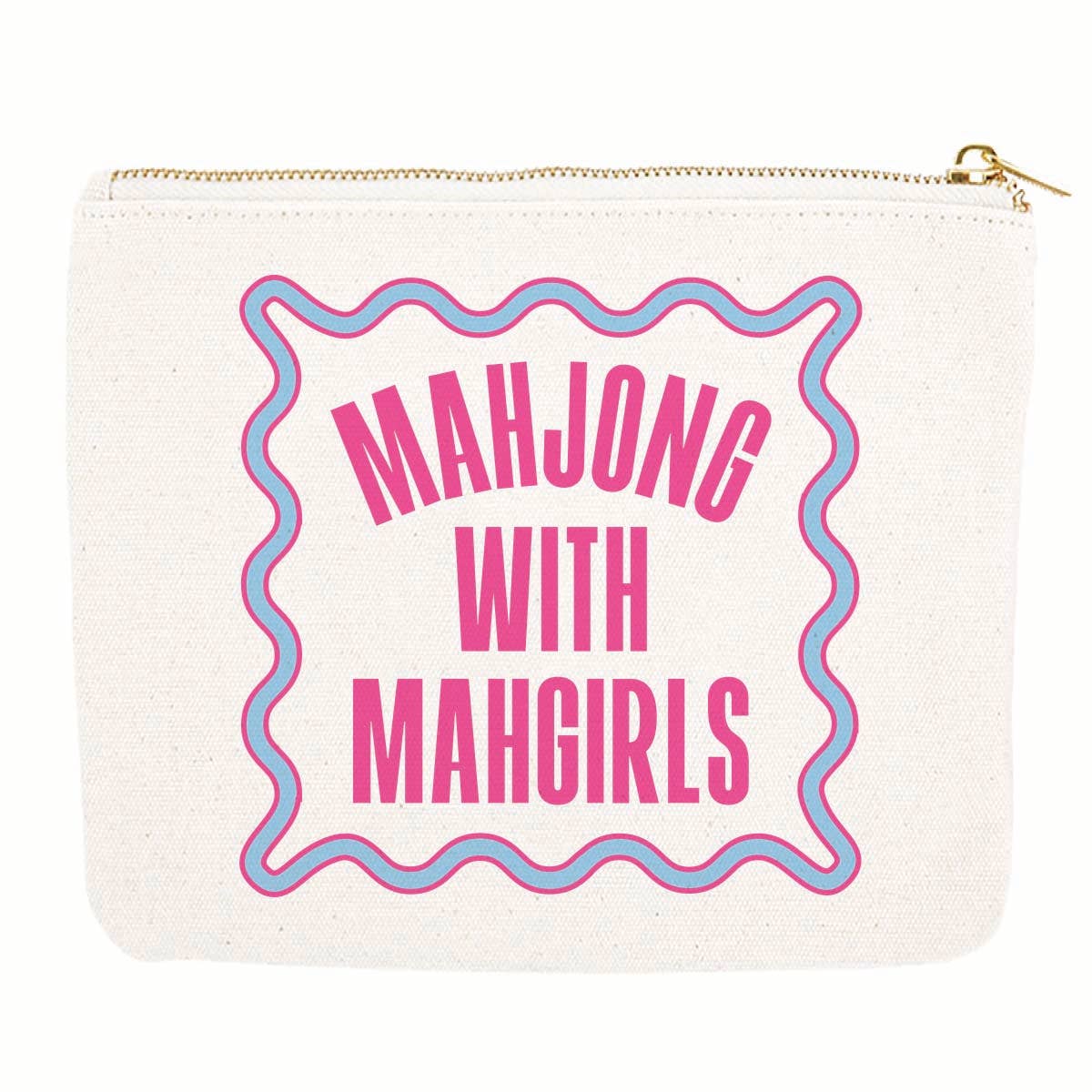 Canvas pouch with 'Mahjong with Mahgirls' text on a white background