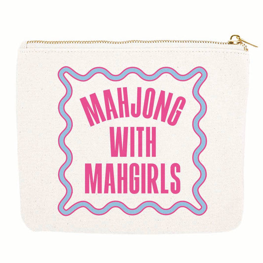 Canvas pouch with 'Mahjong with Mahgirls' text on a white background