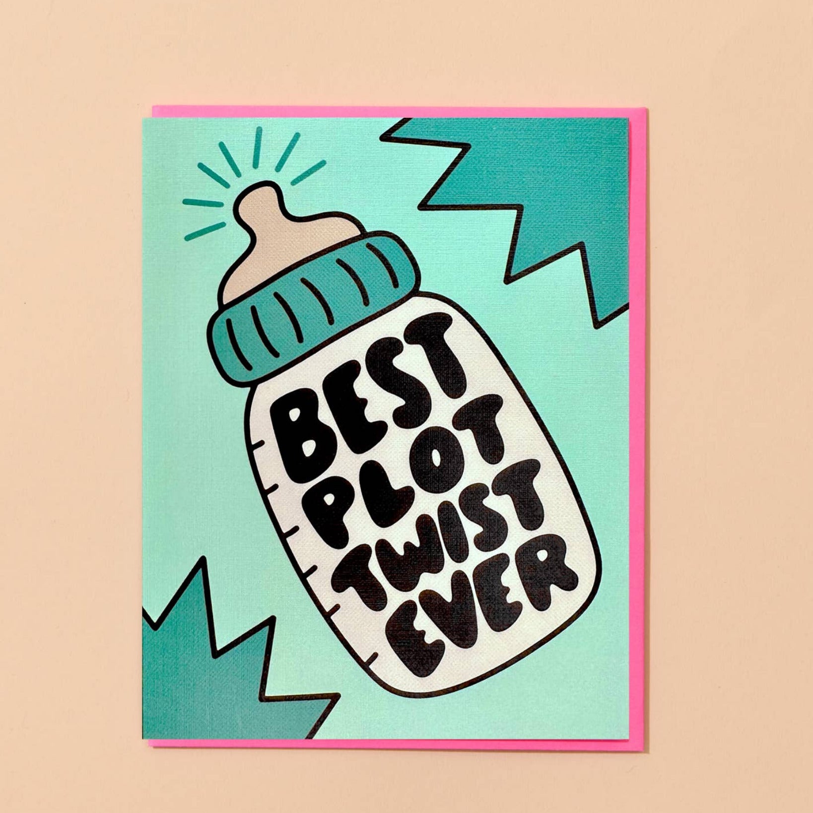 Card with a bottle graphic and 'Best Plot Twist Ever' text on a beige background