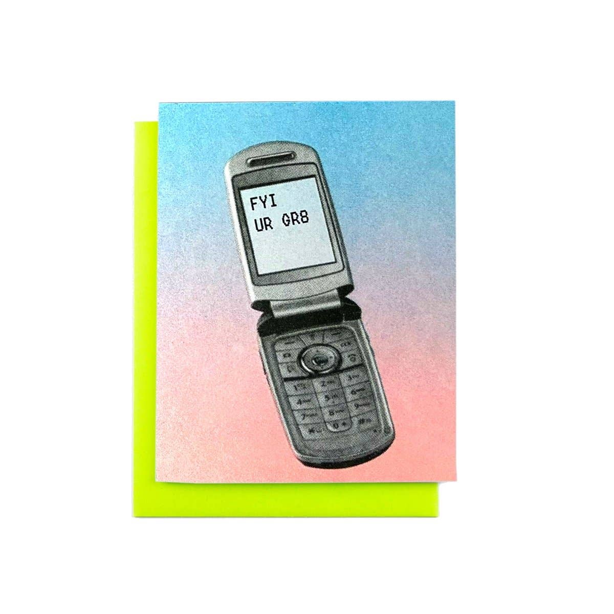 Card with a flip phone illustration and text on a gradient background