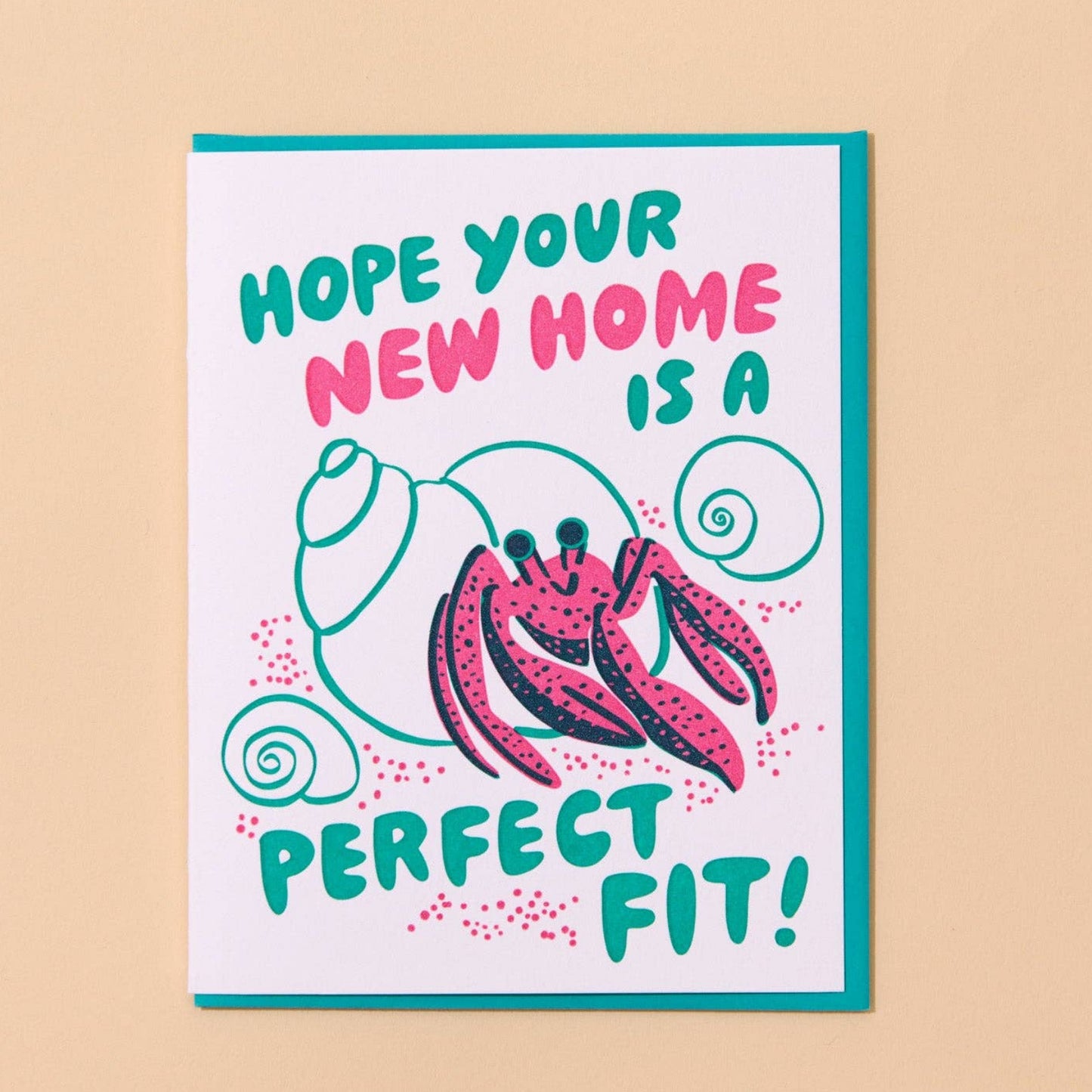 Card with a hermit crab illustration and text on a beige background