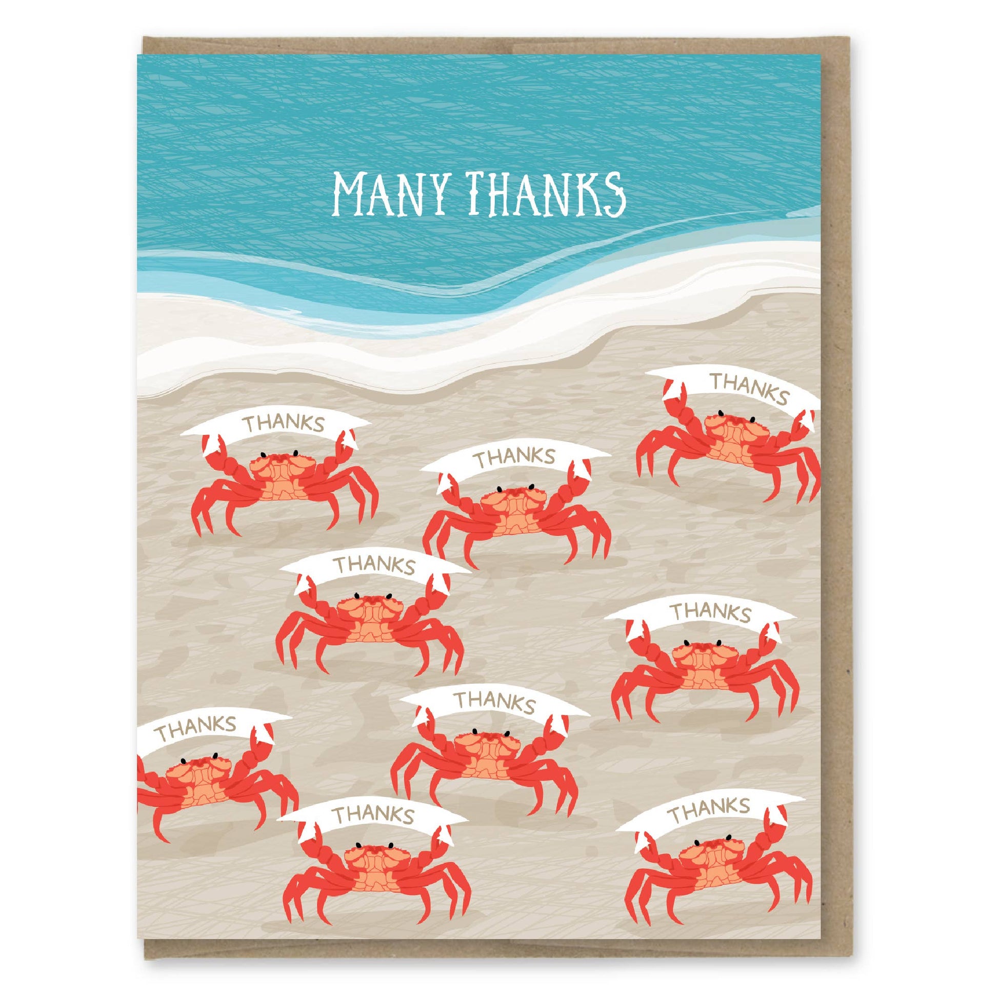 Card with crabs and 'THANKS' text on a beach background