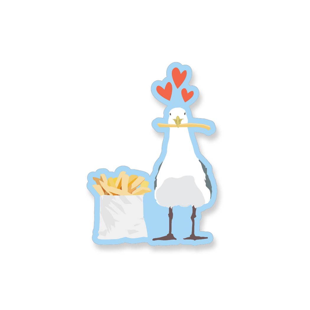 Cartoon stork holding a heart and a basket of fries on a white background