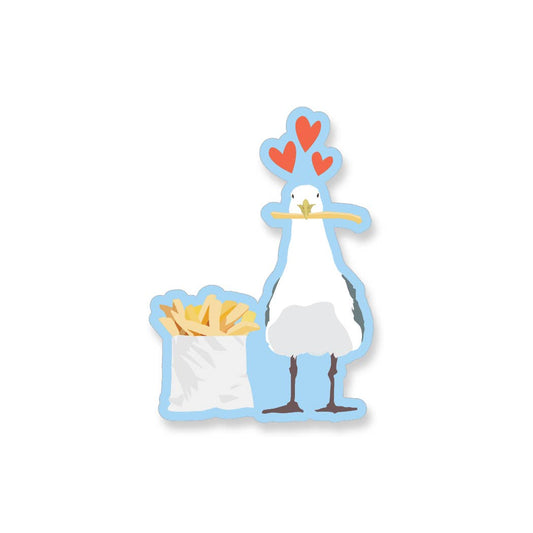 Cartoon stork holding a heart and a basket of fries on a white background