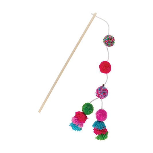 Cat toy with colorful pom-poms attached to a wooden stick on a white background