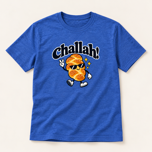 A heather blue short-sleeve t-shirt with a graphic of a walking sesame seed character wearing sunglasses and the word 'Challah!' in black script above it, displayed on a light beige background.