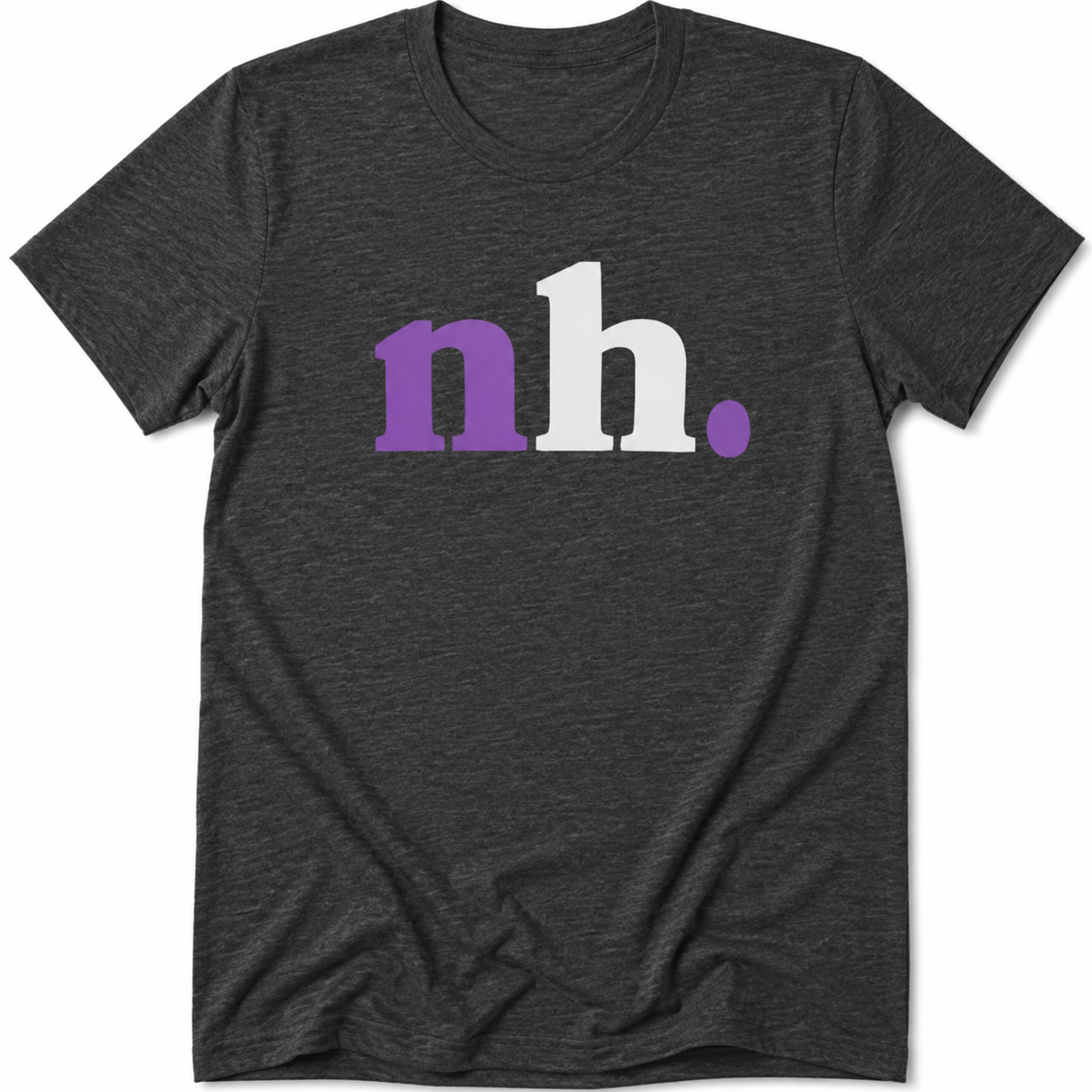 A dark heather gray crewneck t-shirt featuring the lowercase letters 'nh.' in purple and white across the chest, with a solid white background.