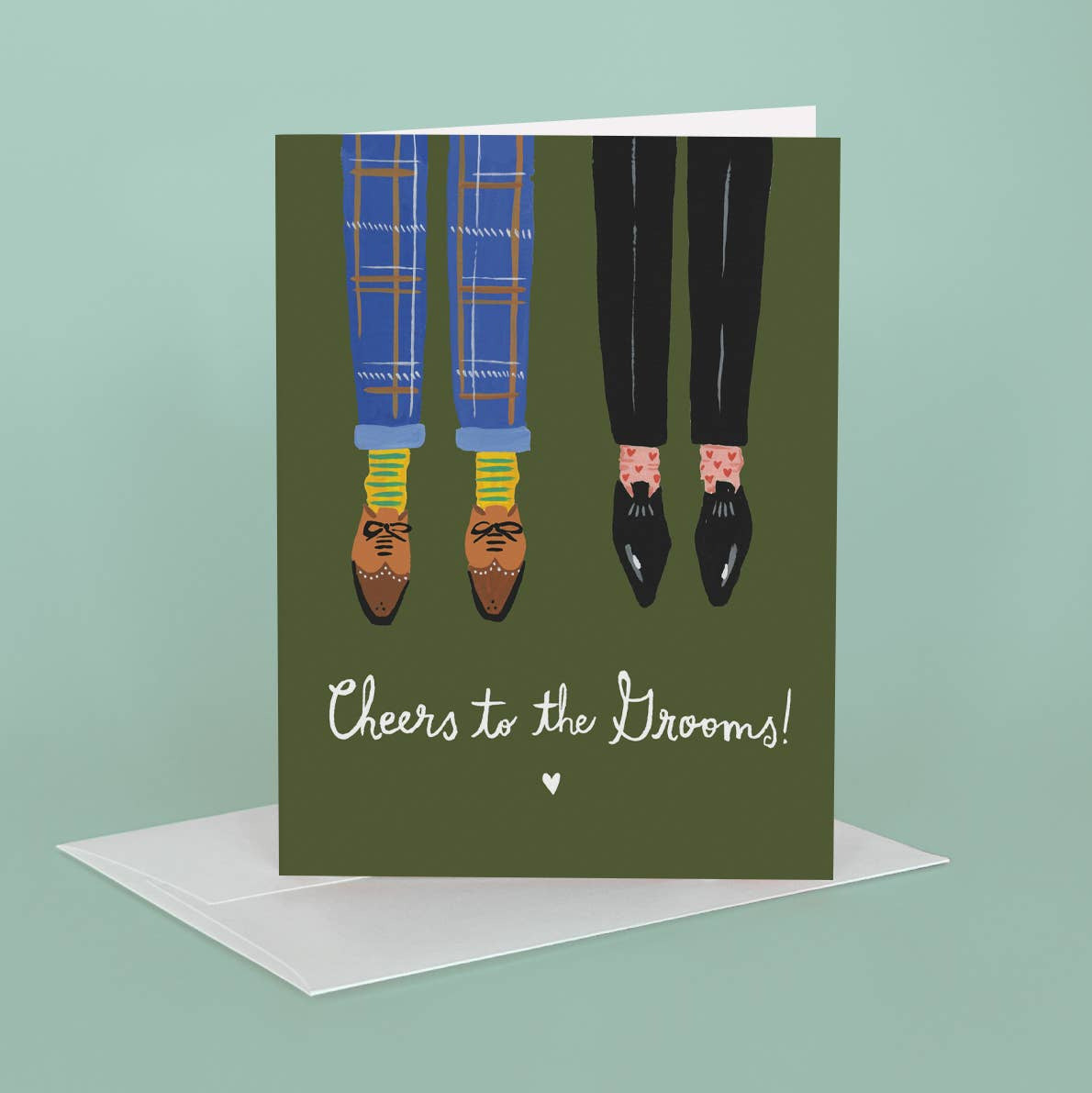 Greeting card with illustration of two pairs of feet and 'Cheers to the Grooms!' text on a green background.