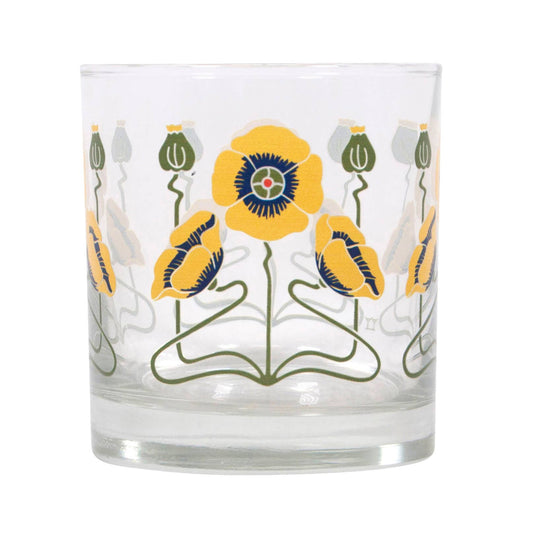 Clear glass tumbler with floral design on a white background