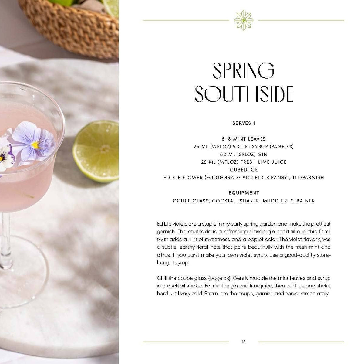 Cocktail glass with pink drink and edible flowers on a white surface, accompanied by a recipe card for 'Spring Southside' cocktail.