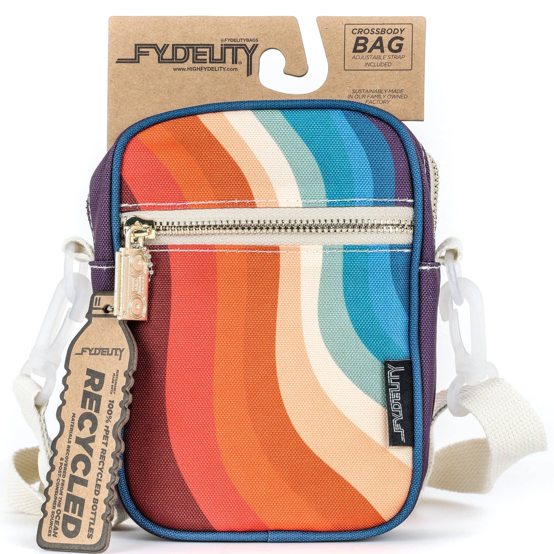 Colorful crossbody bag with visible branding on a white background