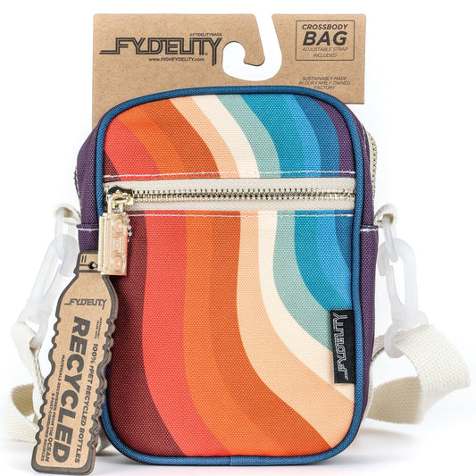 Colorful crossbody bag with visible branding on a white background