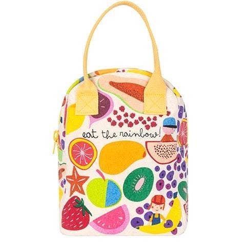 Colorful fruit-patterned bag with 'eat the rainbow!' text on a white background