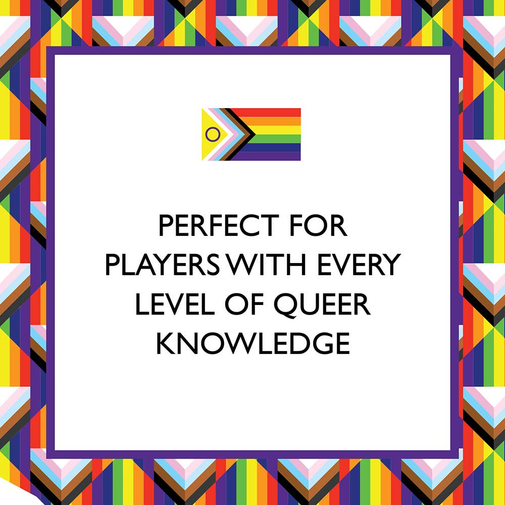 Colorful geometric border with a rainbow flag and text about queer knowledge.