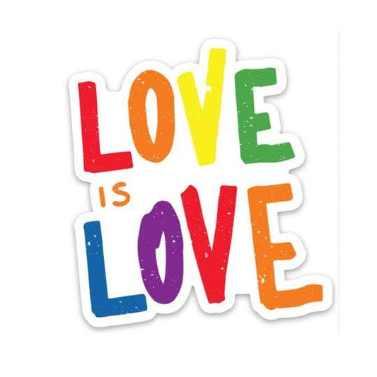 Colorful sticker with 'LOVE IS LOVE' text on a white background