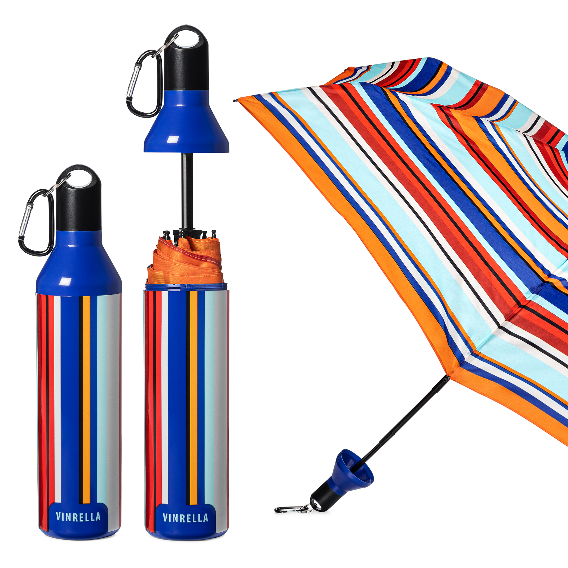 Colorful striped umbrella with a matching water bottle on a white background