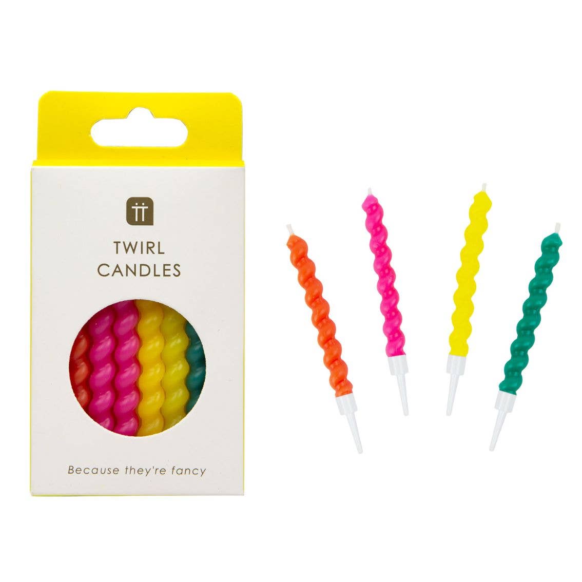 Colorful twirl candles with packaging on a white background