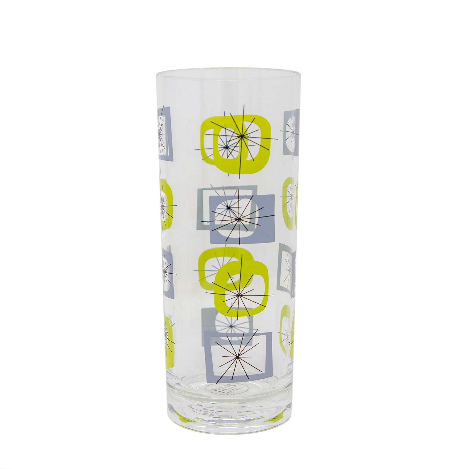 Cylindrical glass vase with geometric pattern on a white background