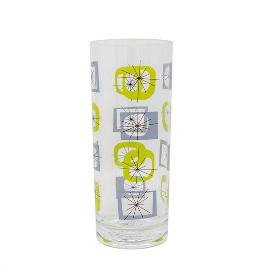 Cylindrical glass vase with geometric pattern on a white background