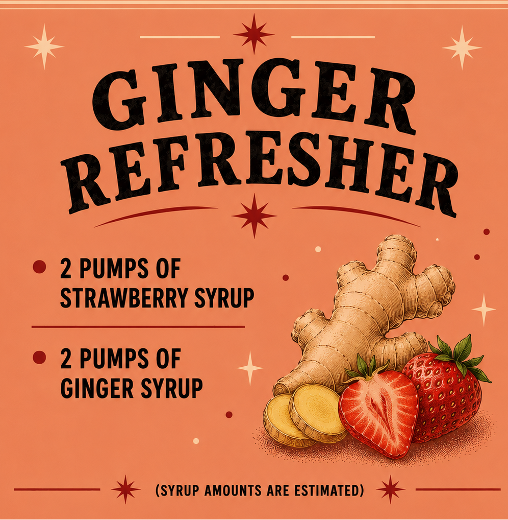 Ginger Refresher recipe card with ginger and strawberry illustration on a peach background